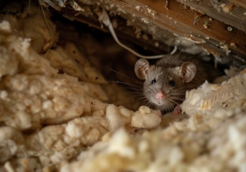 Curious rat cautiously emerges from torn insulation in a dim attic, peering out with bright eyes at the surrounding environment