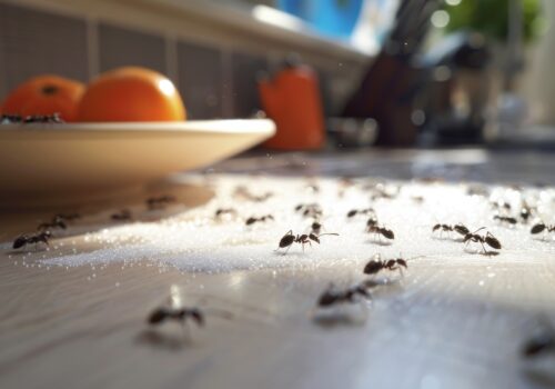 A sunny kitchen scene where ants are attracted to a plate of fruit in home.